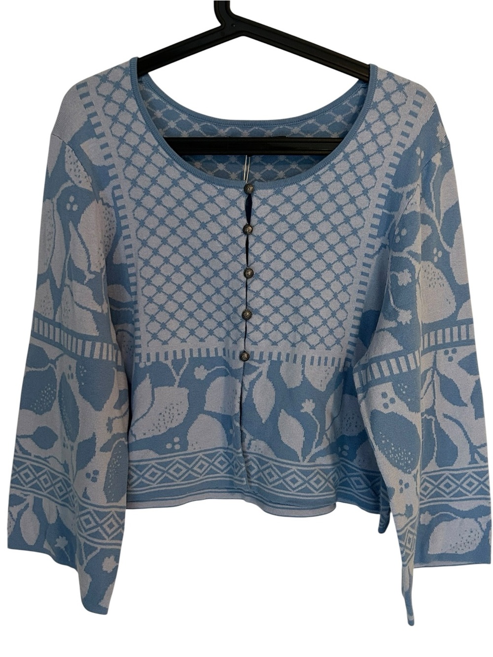 Gudrun Sjoden Light Blue Lemon Knit Button-Front Crop Wide Sleeve Cardigan M NWT